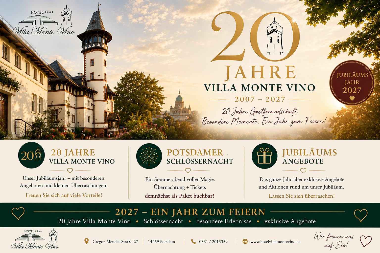 20 Jahre Hotel Villa Monte Vino Potsdam – Jubiläumsjahr 2027 mit Schlössernacht und exklusiven Angeboten