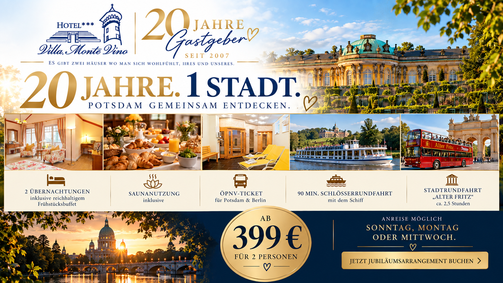 20 Jahre Villa Monte Vino – Jubiläumsarrangement ab 399 € für 2 Personen: 2 Übernachtungen mit Frühstück, Sauna, ÖPNV-Ticket, Schifffahrt und Stadtrundfahrt