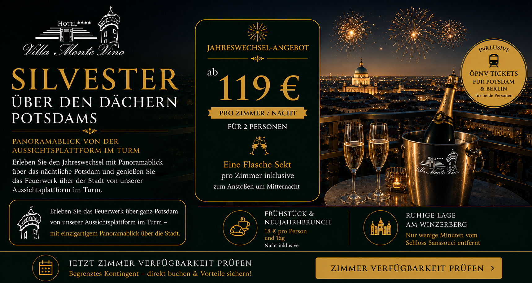 Silvester über den Dächern Potsdams – Angebot mit Sekt und Feuerwerk
