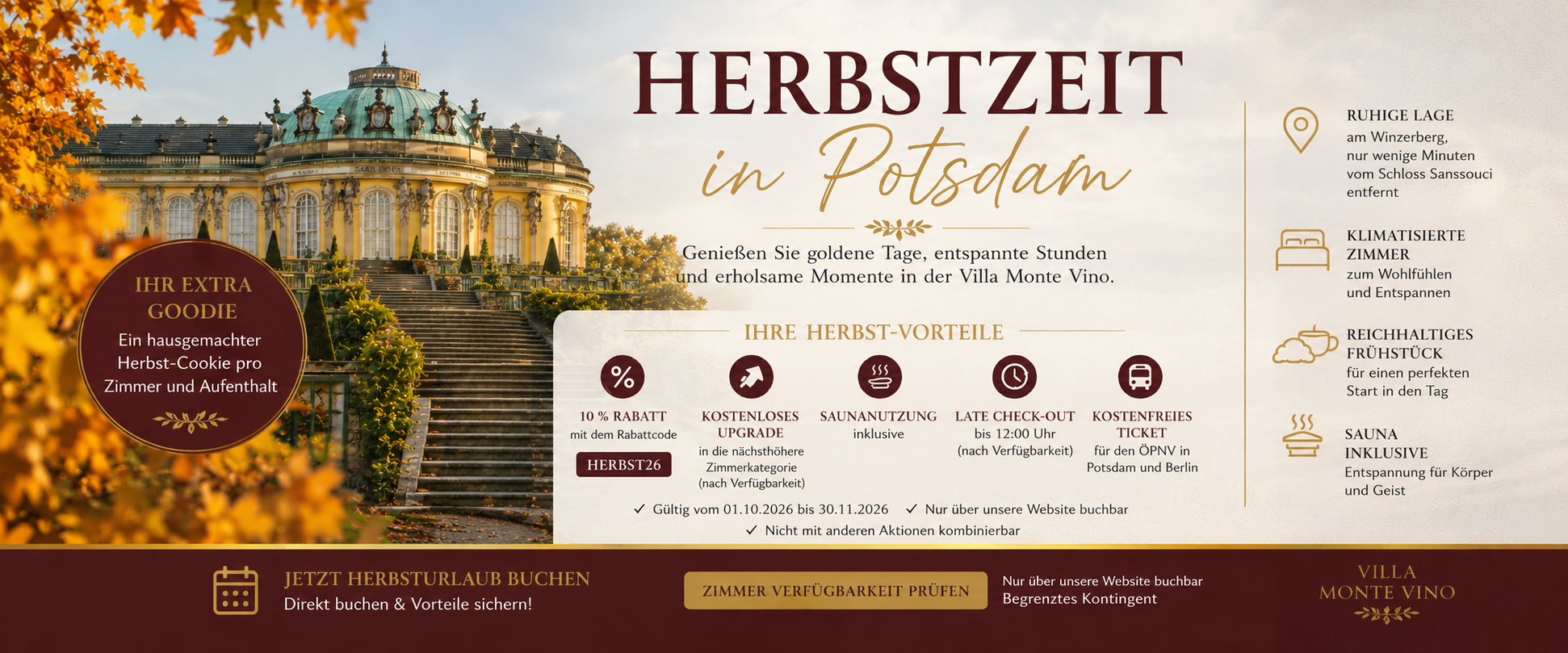 Herbstzeit in Potsdam – Angebot der Villa Monte Vino mit Schloss Sanssouci im Herbstlaub