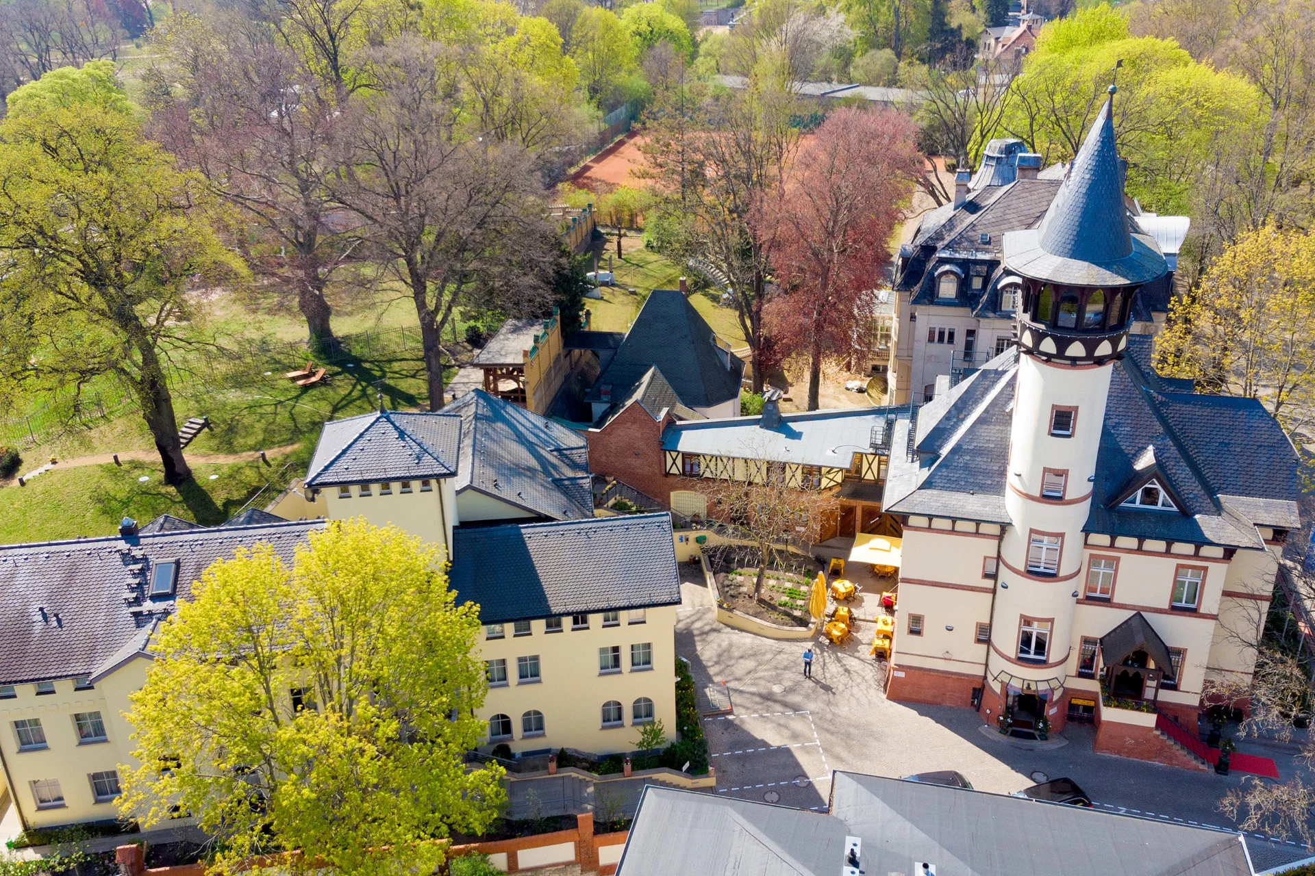Hotel Villa Monte Vino Potsdam – Luftaufnahme des Hotelensembles am Winzerberg